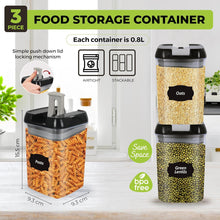 Load image into Gallery viewer, Top 3 Airtight Food Storage Containers – Pack Of 3 x 0.8L Plastic Storage Jars With 1 Marker, 10 Pantry Labels and 6 Measuring Spoons – For Flour, Cereals, Grains, Sugar, Nuts (Pack of 3 x0.8L)
