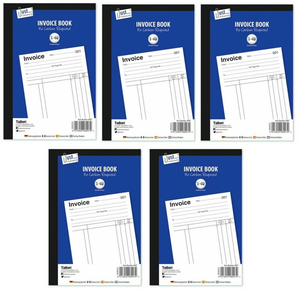 5 x Full Size A5 Invoice Duplicate Receipt Book Numbered Cash 1 - 40 Pages