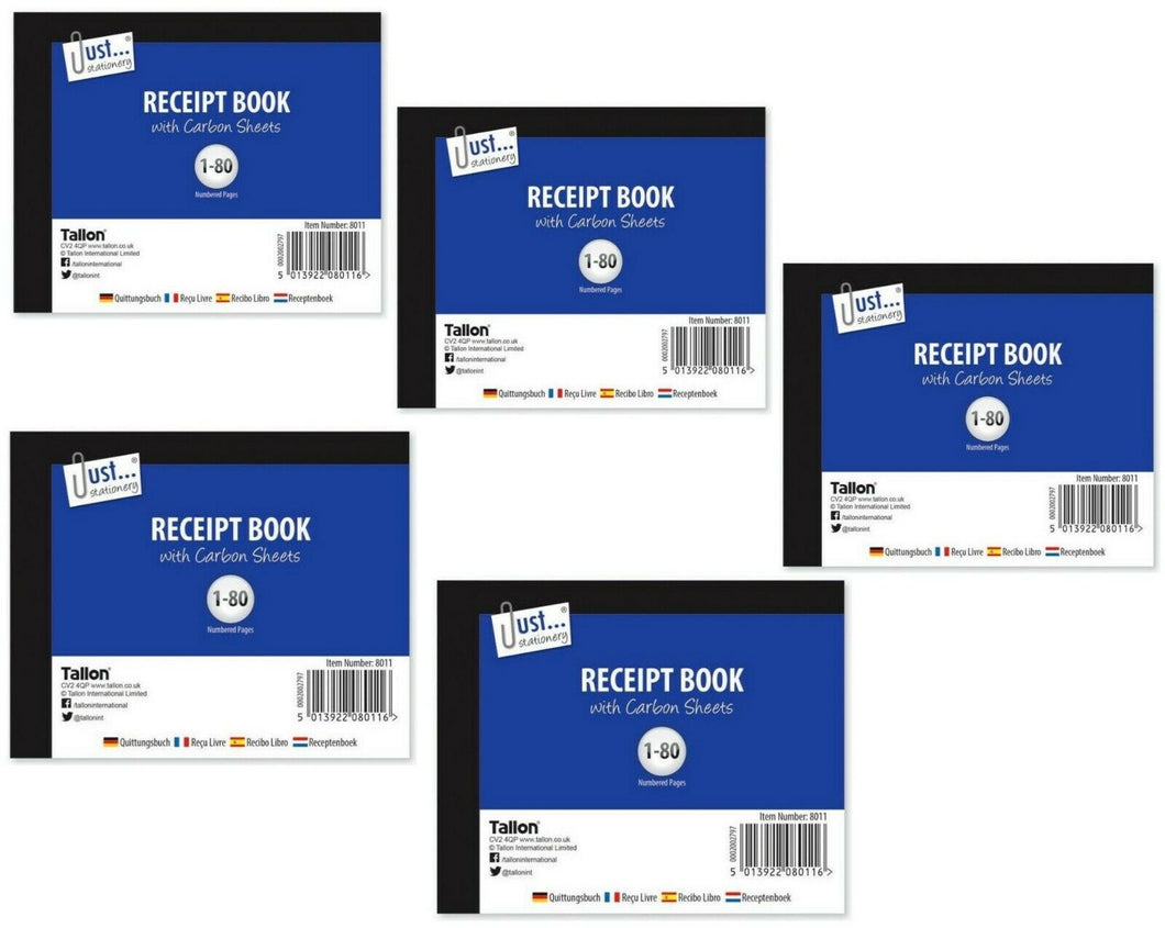 5 x Half Size Duplicate Receipt Book With Carbon Sheets Numbered 1-80 Pages