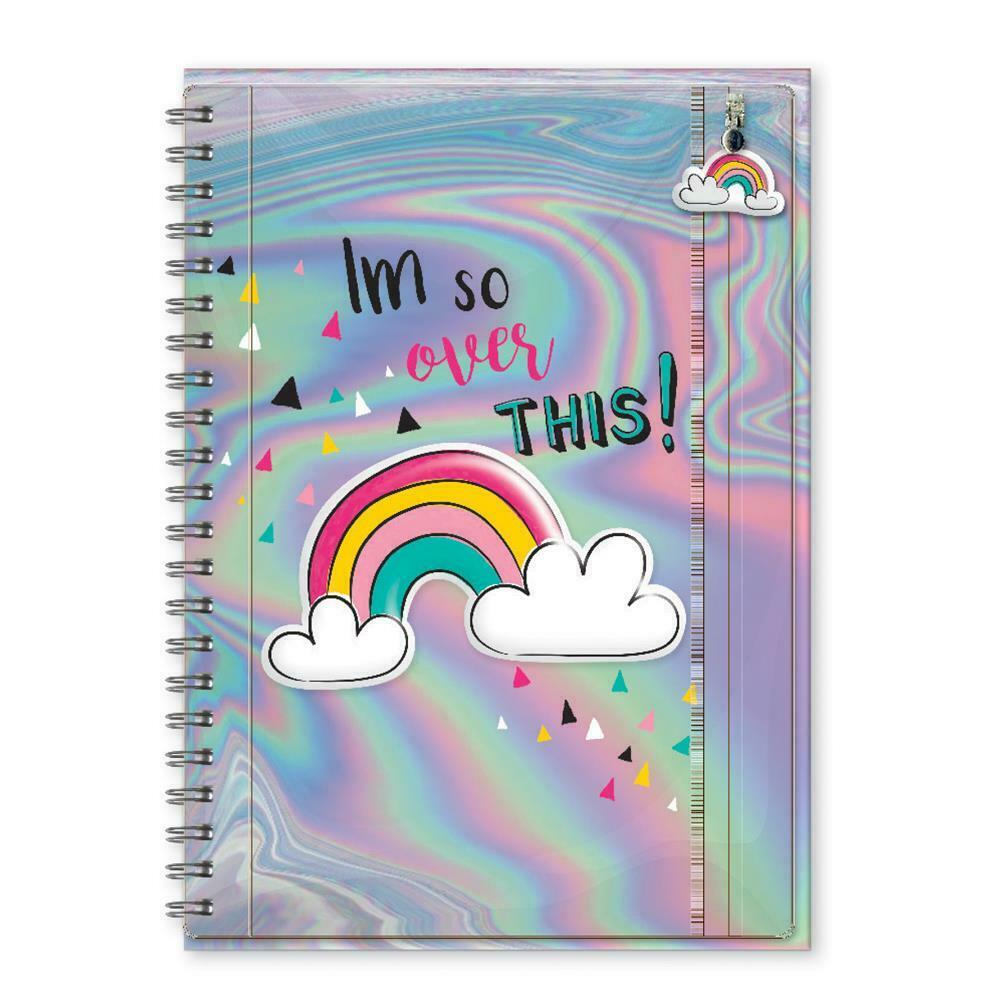 A5 Rainbow Notebook Spiral Bound ''Im So Over This'' Lined PVC Zipper Wallet New