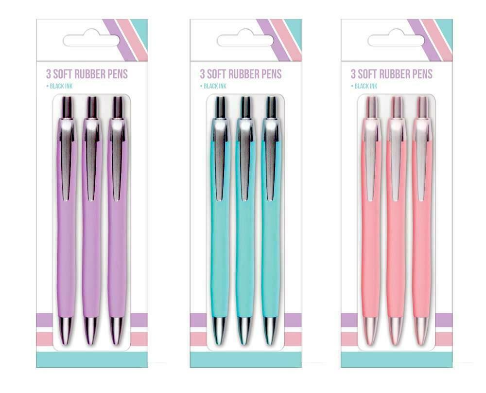 3 x Pastel Colour Soft Rubber Feel Pens Black Ink Ballpoint Pen School Office