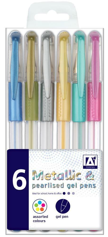 6 Assorted Colour Metallic & Pearlised Gel Pens Home School Office Best Price
