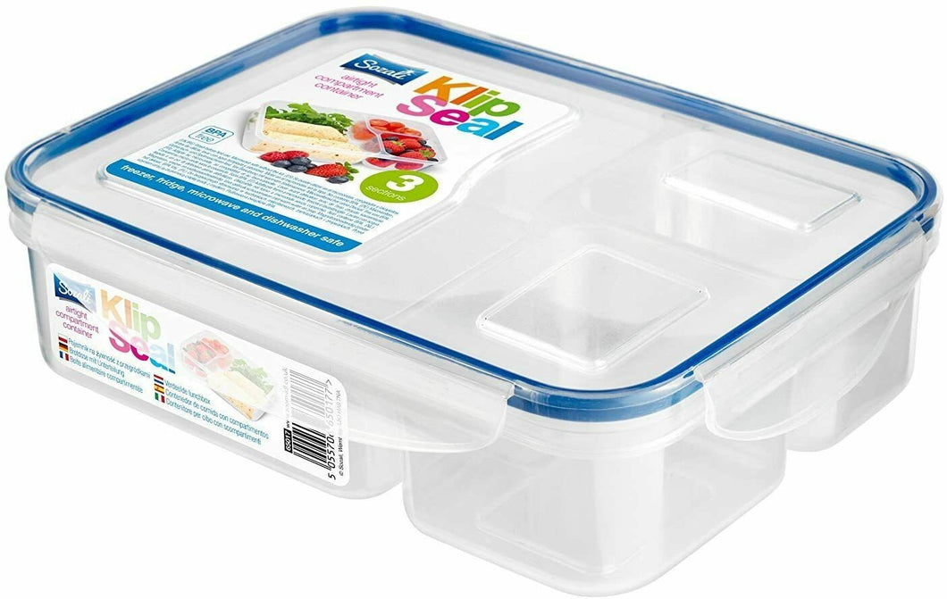 Klip Seal 3 Compartment Split Plastic Food Lunch Storage Box Container BPA Free