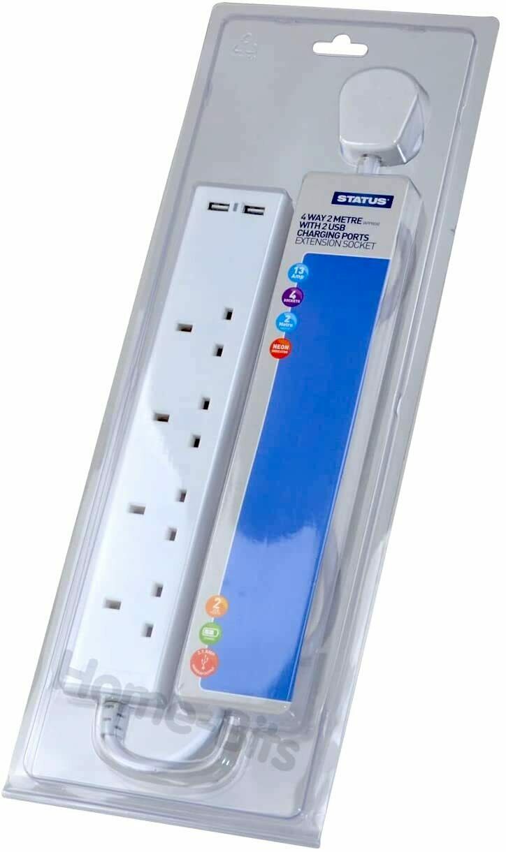 Status 4 Way Extension Socket 2 Built In USB Charging Ports 2m Cable 13A - White