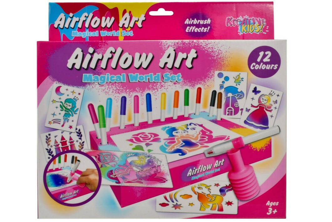 MAGICAL WORLD AIR FLOW BLOW PENS STENCILS KIDS CREATIVE DESIGN ACTIVITY FUN