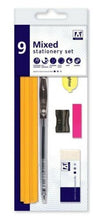 Load image into Gallery viewer, 9 Pc Mixed Stationery Set Pen HB Pencils Eraser Sharpener School Office
