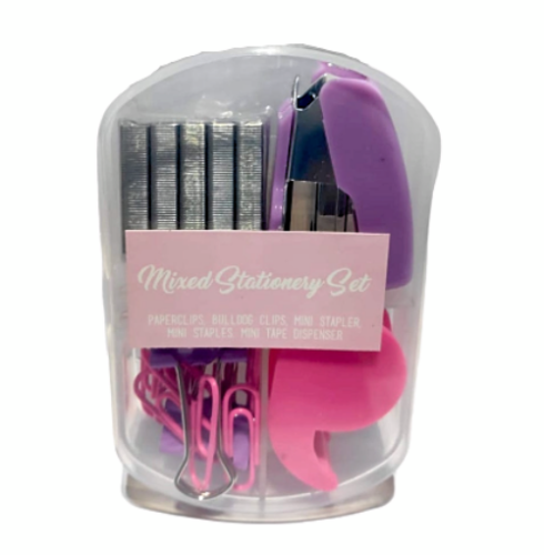 Pastel Mini Stationery Set Stapler/Staples/Tape Dispenser/Push Pins/Bulldog Clip